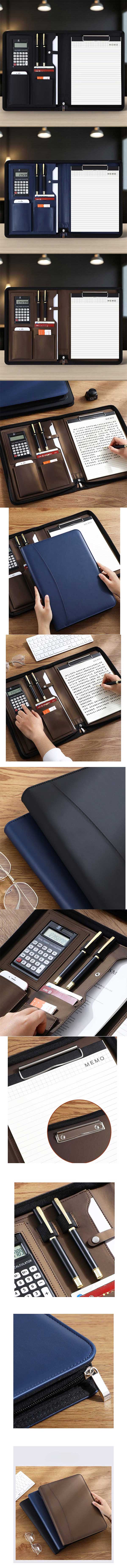 多功能活頁皮革拉鍊文件收納包